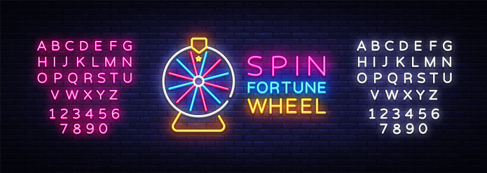 Fortune Wheel Neon Logo Vector. Fortune Wheel neon sign, design template, modern trend design, night neon signboard, night bright advertising, light banner, light art. Vector. Editing text neon sign.