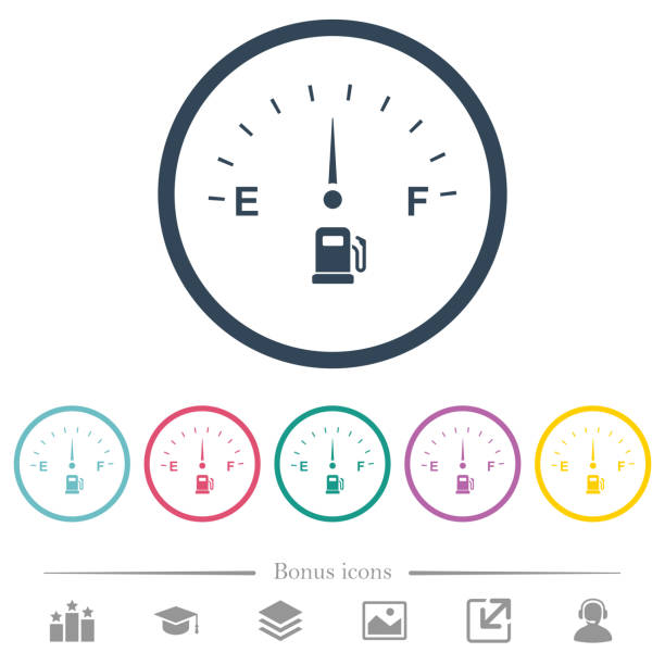 wskaźnik paliwa płaskie ikony kolorów w okrągłych konturach - gas gauge full empty stock illustrations