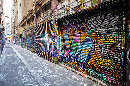 Melbourne, Australia - Feb 16, 2018: Street art and graffiti, famous in Melbourne laneways, seen on a summer's day