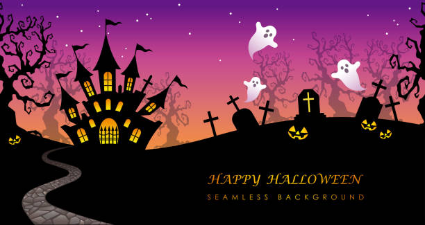 テキスト領域を持つ幸せなハロウィーン シームレスな背景。 - halloween castle cartoon backgrounds点のイラスト素材／クリップアート素材／マンガ素材／アイコン素材