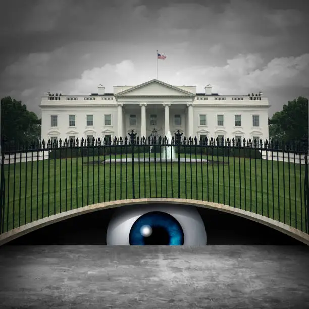 White House secret and deep state political concept as an anonymous source or leaker and United States political symbol of an underground government bureaucracy with 3D elements.