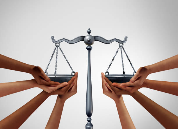 Social Justice Social justice and equality law in society as diverse people holding the balance in a legal scale as a population legislation with 3D illustration elements. social justice concept photos stock pictures, royalty-free photos & images