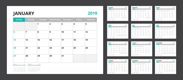 2019 kalender planer für vorlage corporate designs wochenstart am sonntag gesetzt. - 2019 stock-grafiken, -clipart, -cartoons und -symbole