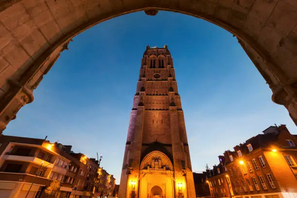 Belfry of St Eloi Church in Dunkirk. 
Dunkirk, Hauts-de-France, France.