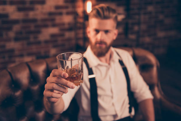 Stylish macho classic bracers suspenders accessory close up concept. Handsome attractive elegant stunning serious resting relaxing having weekend gigolo offering you to drink with him