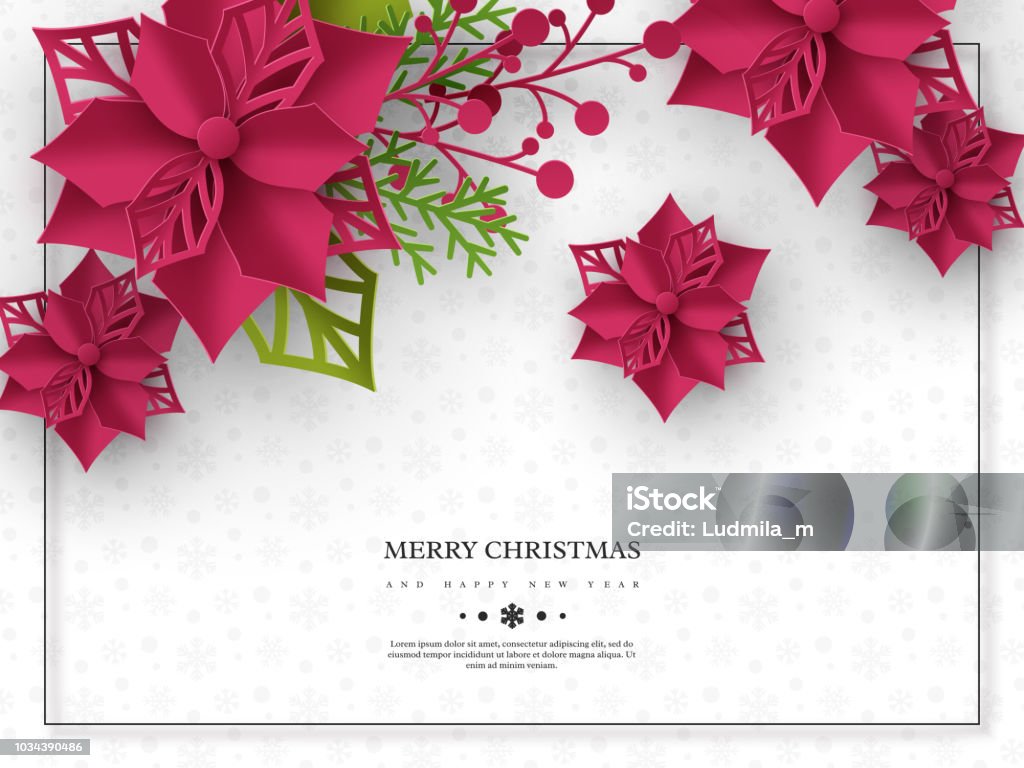 Christmas holiday banner. 3d paper cut style poinsettia with leaves. White background with frame and greeting text, vector illustration Christmas holiday banner. 3d paper cut style poinsettia with leaves. White background with frame and greeting text. Vector illustration Poinsettia stock vector