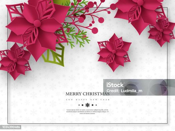 Christmas Holiday Banner 3d Paper Cut Style Poinsettia With Leaves White Background With Frame And Greeting Text Vector Illustration Stock Illustration - Download Image Now