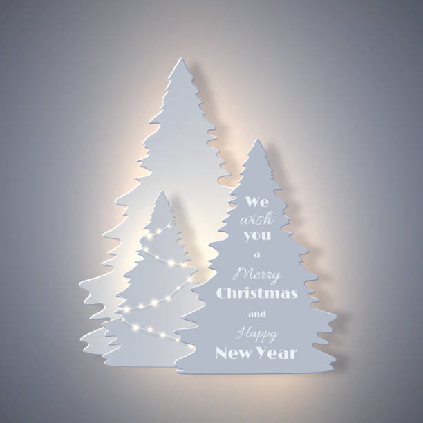 ilustrações de stock, clip art, desenhos animados e ícones de christmas holiday banner with paper cut style fir-tree and glowing lights. new year background, vector illustration. - christmas tree snow fir tree isolated