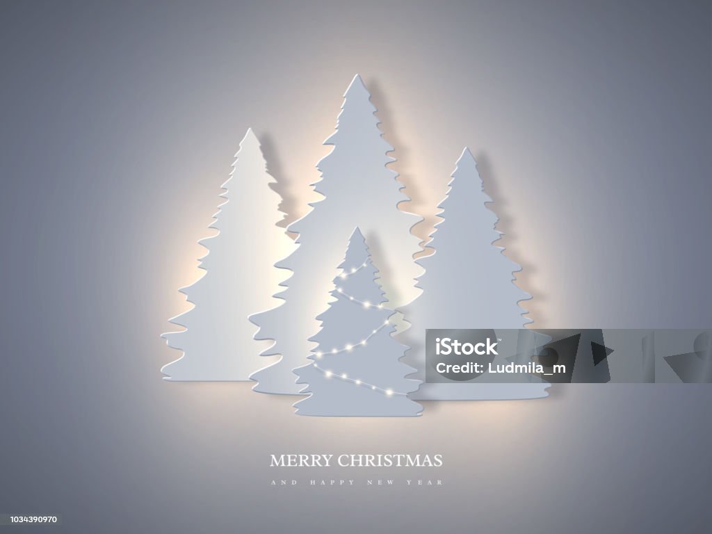 Banner de fiesta de Navidad con papel cortado estilo abeto y brillantes luces. Año nuevo fondo, ilustración vectorial. - arte vectorial de Navidad libre de derechos