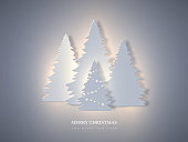Christmas holiday banner with paper cut style fir-tree and glowing lights. New year background, vector illustration.