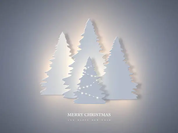 Vector illustration of Christmas holiday banner with paper cut style fir-tree and glowing lights. New year background, vector illustration.