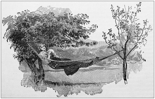 Antique painting illustration: Woman resting on hammock