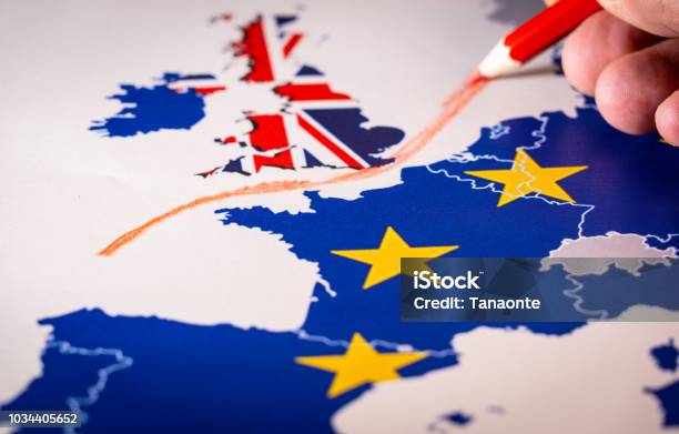 Hand Drawing A Red Line Between The Uk And The Rest Of Eu Brexit Concept Stock Photo - Download Image Now