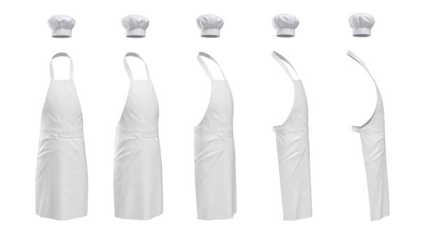 istock 3d rendering of a set of white chief's apron a hat shown in five different angles from the viewer. 1034406226