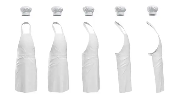 Photo of 3d rendering of a set of white chief's apron a hat shown in five different angles from the viewer.