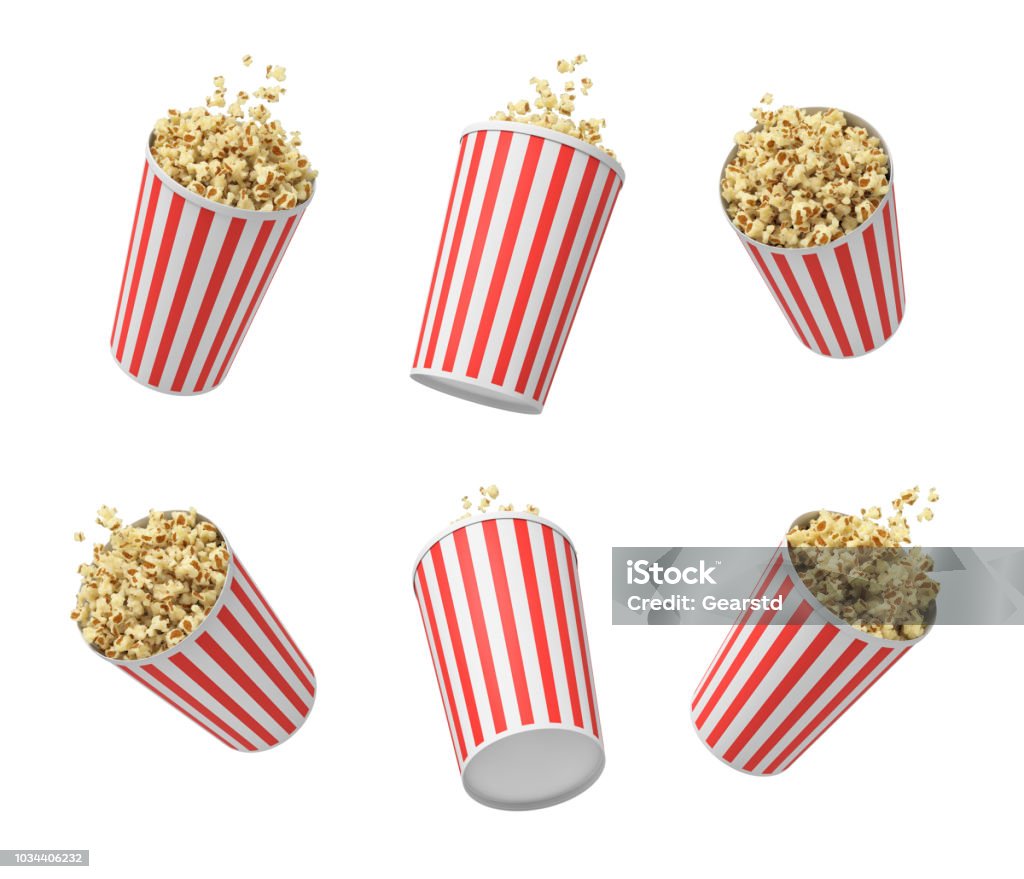 3d rendering of six striped pop corn tubs hanging on white background. 3d rendering of six striped pop corn tubs hanging on white background. Cinema culture. Movie snack. Pop corn serving. Popcorn Stock Photo