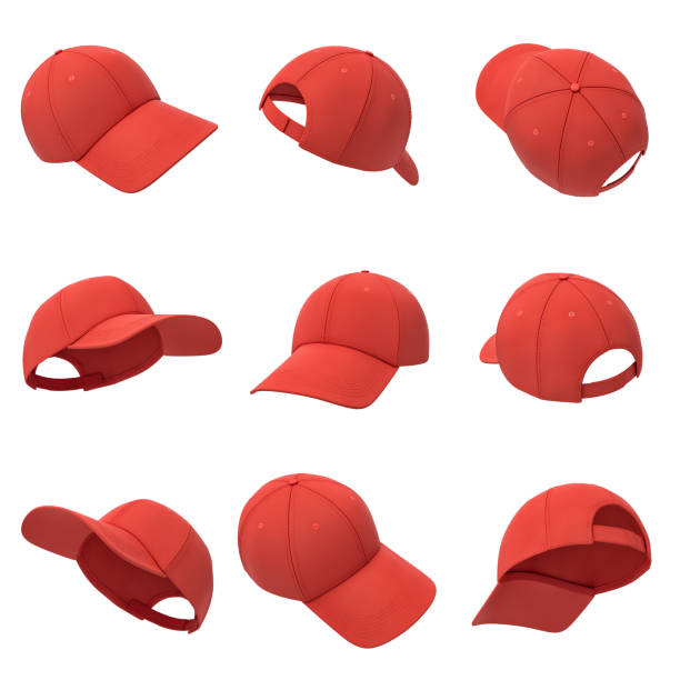 3d rendering of many red baseball caps hanging on a white background in different angles. 3d rendering of many red baseball caps hanging on a white background in different angles. Baseball hat. Casual headwear. Sport style. sideways baseball hat stock pictures, royalty-free photos & images