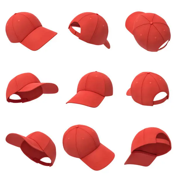 Photo of 3d rendering of many red baseball caps hanging on a white background in different angles.