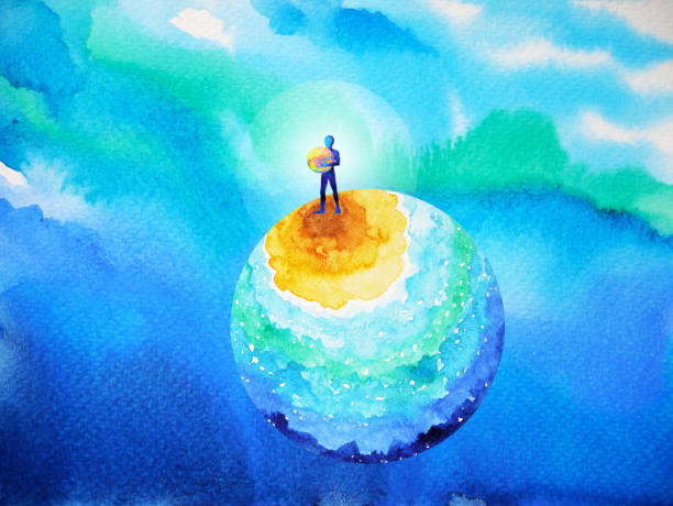 menschliche und geist kraftvolle energie verbinden sich mit dem universum macht abstrakte kunst aquarell malerei bild design von hand gezeichnet - aura alternative medizin illustration stock-grafiken, -clipart, -cartoons und -symbole