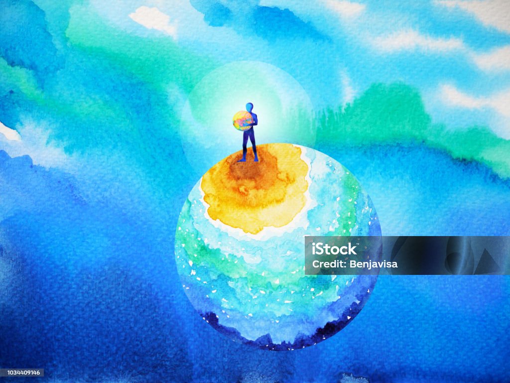 human and spirit powerful energy connect to the universe power abstract art watercolor painting illustration design hand drawn Globe - Navigational Equipment stock illustration