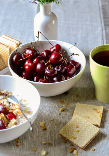 Healthy muesli with cherries, raisins and nuts. Healthy Breakfast for kids Concept.