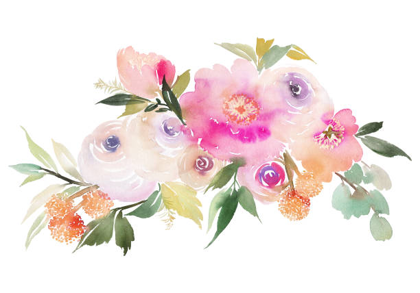 istock Watercolor greeting card with poppy, roses and craspedia 1034418386