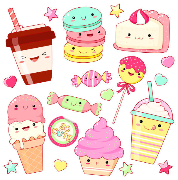 Set of cute sweet icons in kawaii style Set of cute sweet icons in kawaii style with smiling face and pink cheeks for sweet design. Sticker with inscription So cute. Ice cream, candy, cap with coffee, soda, cupcake, macarons. EPS8 kawaii stock illustrations