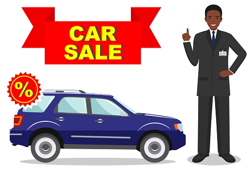 Smiling salesperson showing the car. Auto business car sale concept. Detailed illustration of african american businessman and blue auto on white background in flat style.