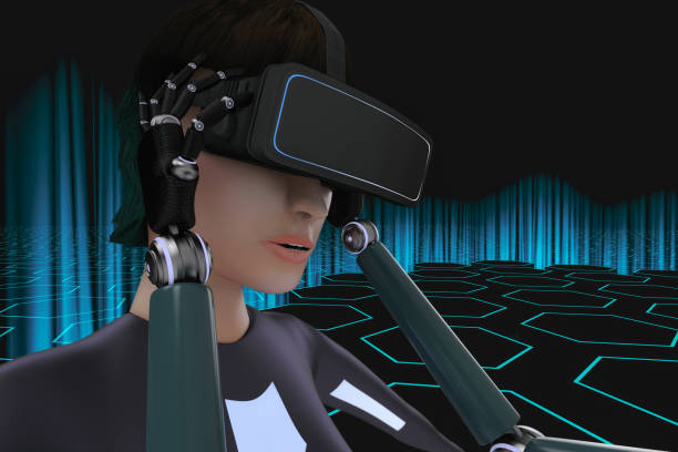 istock Female character with virtual reality glasses 1034431230