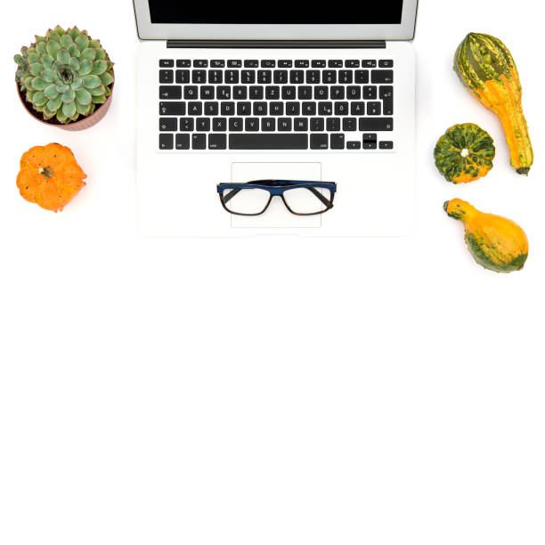 Laptop succulent autumn pumpkin Office workplace Flat lay
