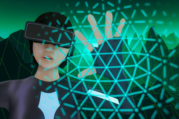 istock Female character with virtual reality glasses 1034431348