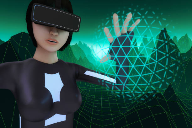istock Female character with virtual reality glasses 1034431384