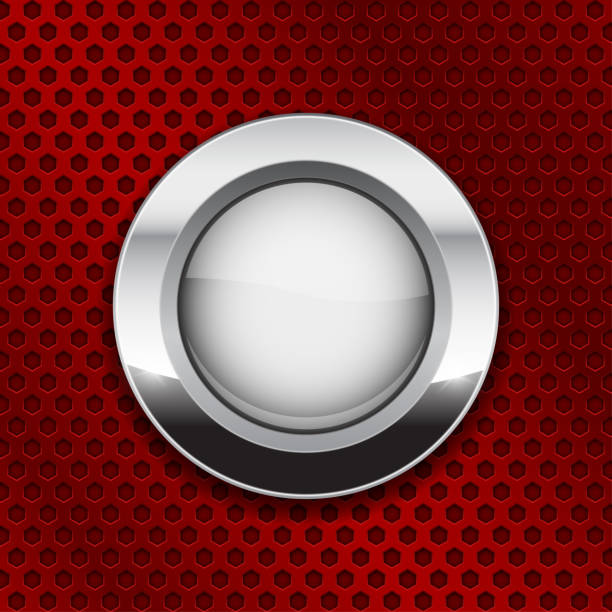 istock White glass button on red metal perforated background. Round shiny icon with chrome frame 1034434550