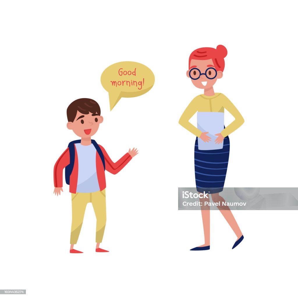 Vetores de Menino De Escola Alegre Dizendo Bom Dia Ao Seu Professor Boas Maneiras Garoto Com Mochila E Mulher Com Papel Desenho Vetorial Plana e mais imagens de Criança - iStock Vetores de Menino De Escola Alegre Dizendo Bom Dia Ao Seu Professor Boas Maneiras Garoto Com Mochila E Mulher Com Papel Desenho Vetorial Plana e mais imagens de Criança - iStock
