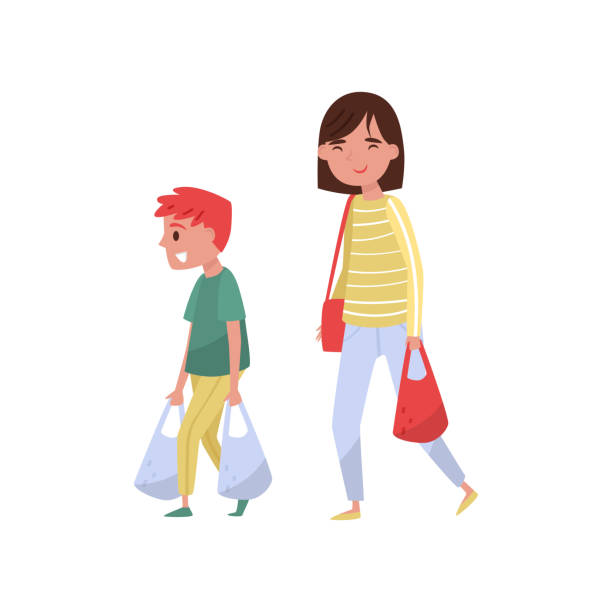 dziecko pomaga matce nosić torby na zakupy. uprzejmy chłopiec i młoda kobieta. dziecko z dobrymi manierami. konstrukcja wektora płaskiego - urbanity stock illustrations