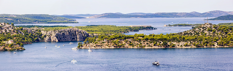 Aerial panoramic view of Sibenik bay and its archipelago in Croatia at day