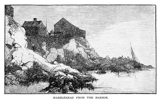 Marblehead from the harbor - Scanned 1882 Engraving
