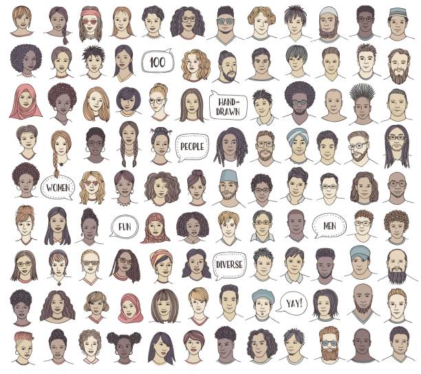 Set of 100 hand drawn and diverse faces Set of 100 hand drawn faces, colorful and diverse portraits of people of different ethnicities portrait drawings stock illustrations