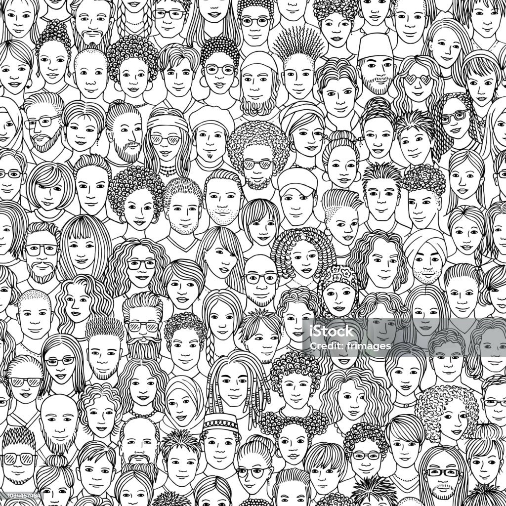 Seamless pattern with diverse people Diverse crowd of people - seamless pattern of 100 hand drawn faces of various ethnicities People stock vector