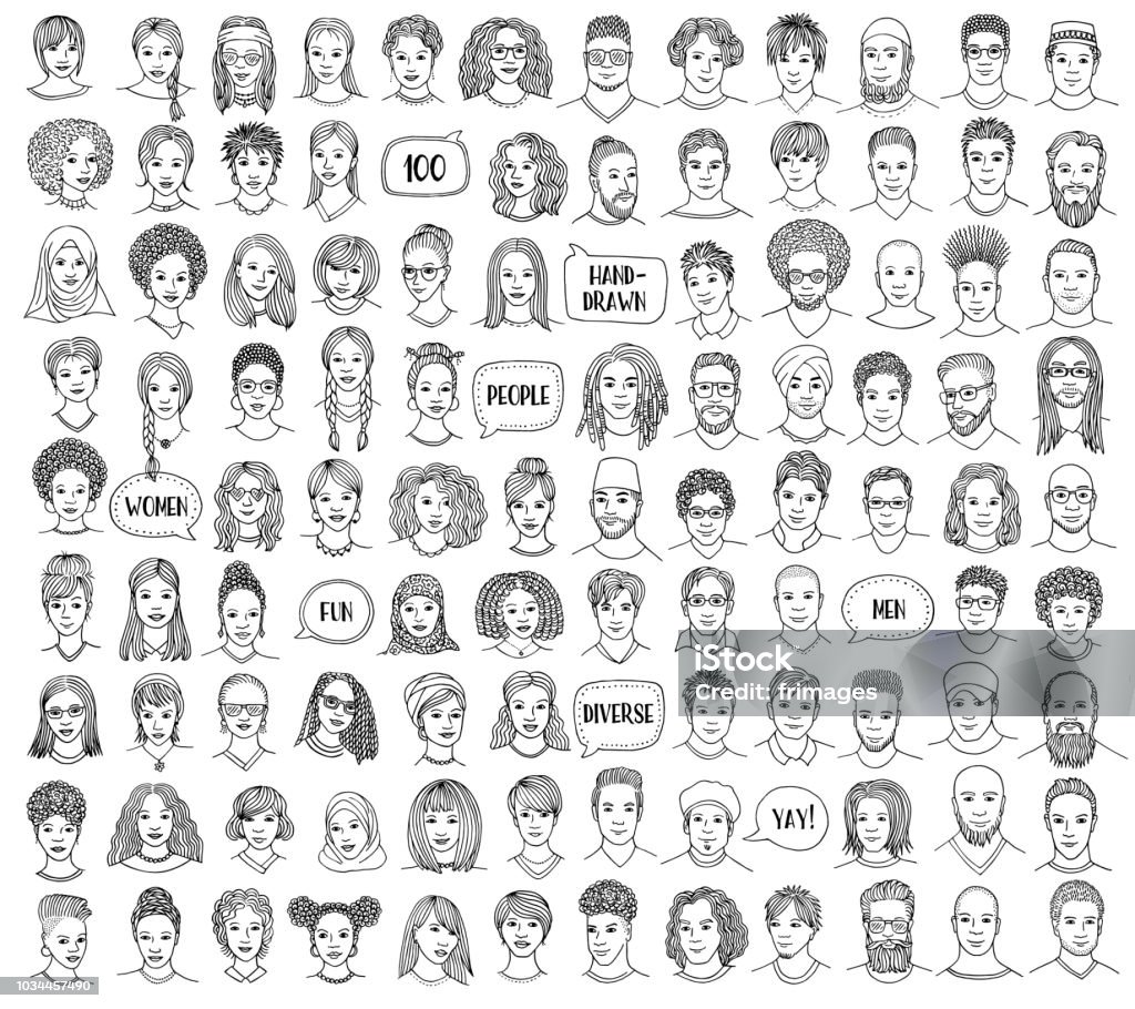 Set of 100 hand drawn and diverse faces Set of 100 hand drawn faces, colorful and diverse portraits of people of different ethnicities Human Face stock vector