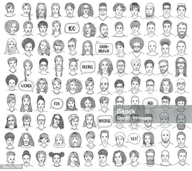 Set Of 100 Hand Drawn And Diverse Faces Stock Illustration - Download Image Now - Human Face, People, Drawing - Art Product