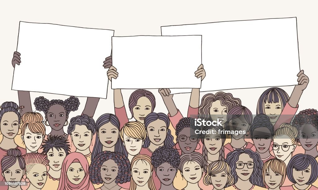 Diverse group of women holding empty signs Hand drawn illustration of a diverse group of women, holding empty signs with space for custom text Only Women stock vector