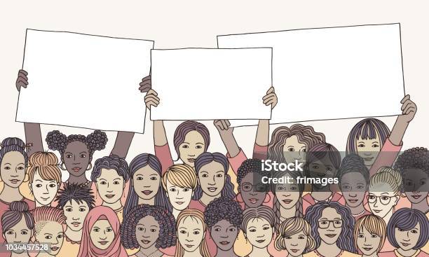 Diverse Group Of Women Holding Empty Signs Stock Illustration - Download Image Now - Only Women, Women, Group Of People