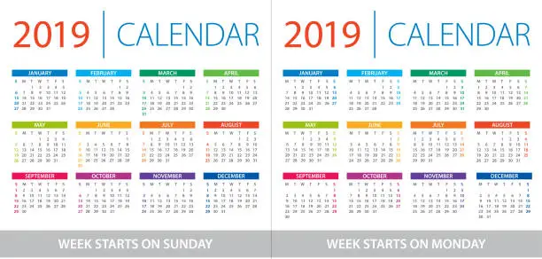 Vector illustration of Calendar 2019 - illustration. Week starts on Sunday and Week starts on Monday