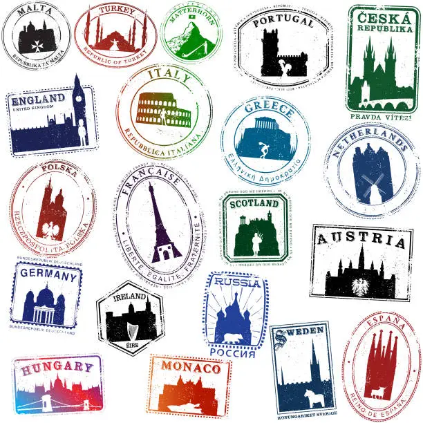 Vector illustration of European Icon Travel Stamps