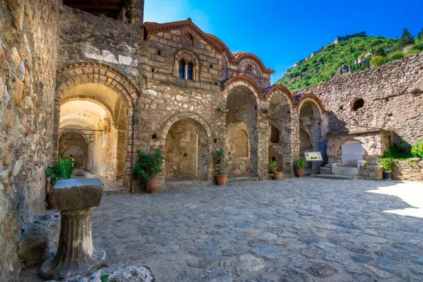 Ruins and churches of the medieval Byzantine ghost town-castle of Mystras, Peloponnese, Greece