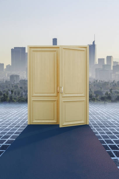 istock blue carpet and city behind doors 1034473862