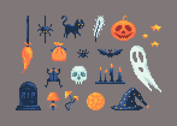 Pixel art set of different items for design on Halloween. Pixel art set of different items for design on Halloween. May be used for game user interface, banners or another project. number 16 stock illustrations