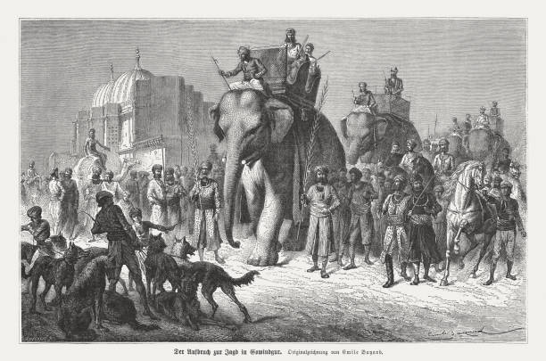 ilustraciones, imágenes clip art, dibujos animados e iconos de stock de salida para la caza con los elefantes en gobindgarh, punjab, india - british colony