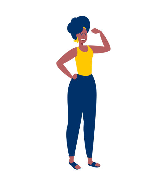 Strong girl concept flexing arm for women power Strong woman isolated illustration. African american female doing flexing gesture with arm for girl power, strength or health and fitness concept. EPS10 vector. confidence stock illustrations